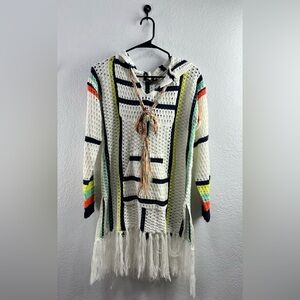 Maglia Women’s Multicolored Baja Crochet tassel Knit Poncho Beach Cover up L